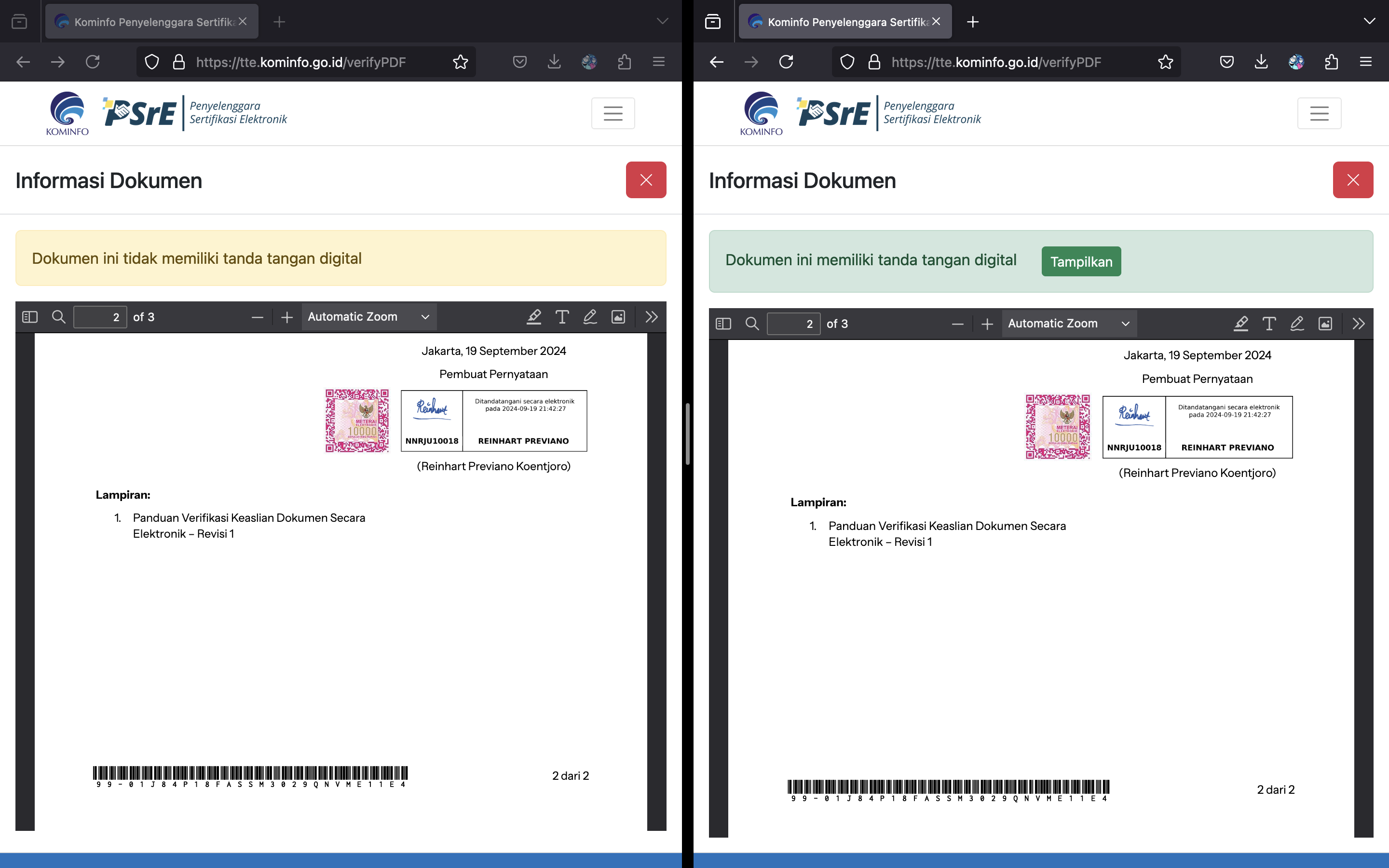 Perbandingan hasil tampilan verifikasi Tanda Tangan Elektronik PDF melalui situs PSrE Kominfo/Komdigi