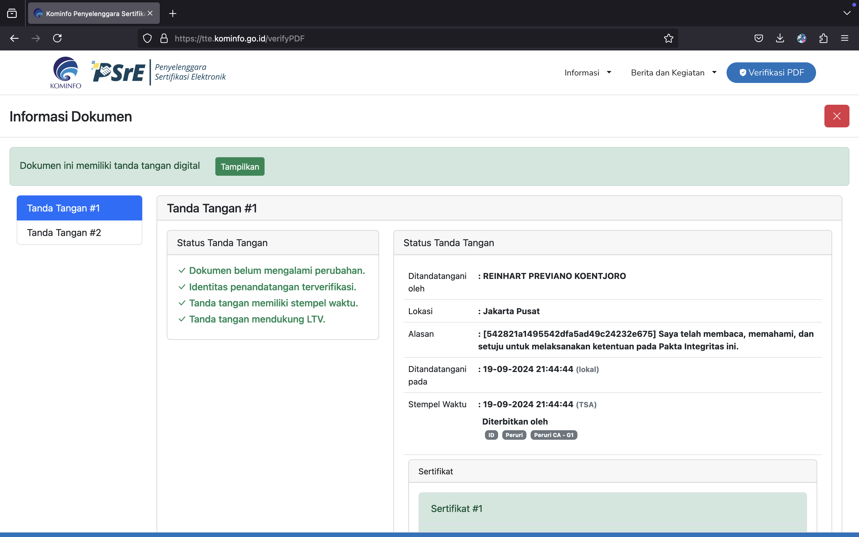 Tampilan detail hasil verifikasi Tanda Tangan Elektronik PDF melalui situs PSrE Kominfo/Komdigi